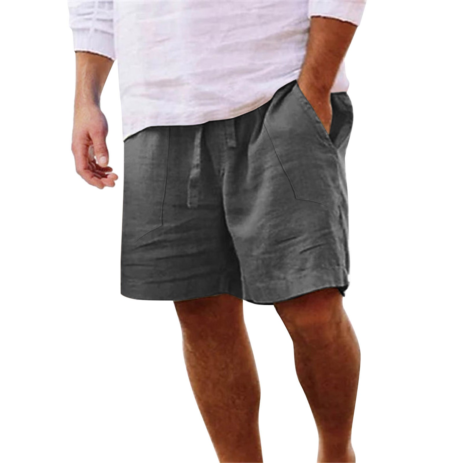 Pantalones cortos de playa de algodón y lino para hombre: cintura elástica, color liso, corte holgado con bolsillos, ropa informal/deportiva para todas las estaciones.